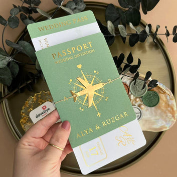Green Passport Wedding Invitation with Gold Foil – Travel Themed Design