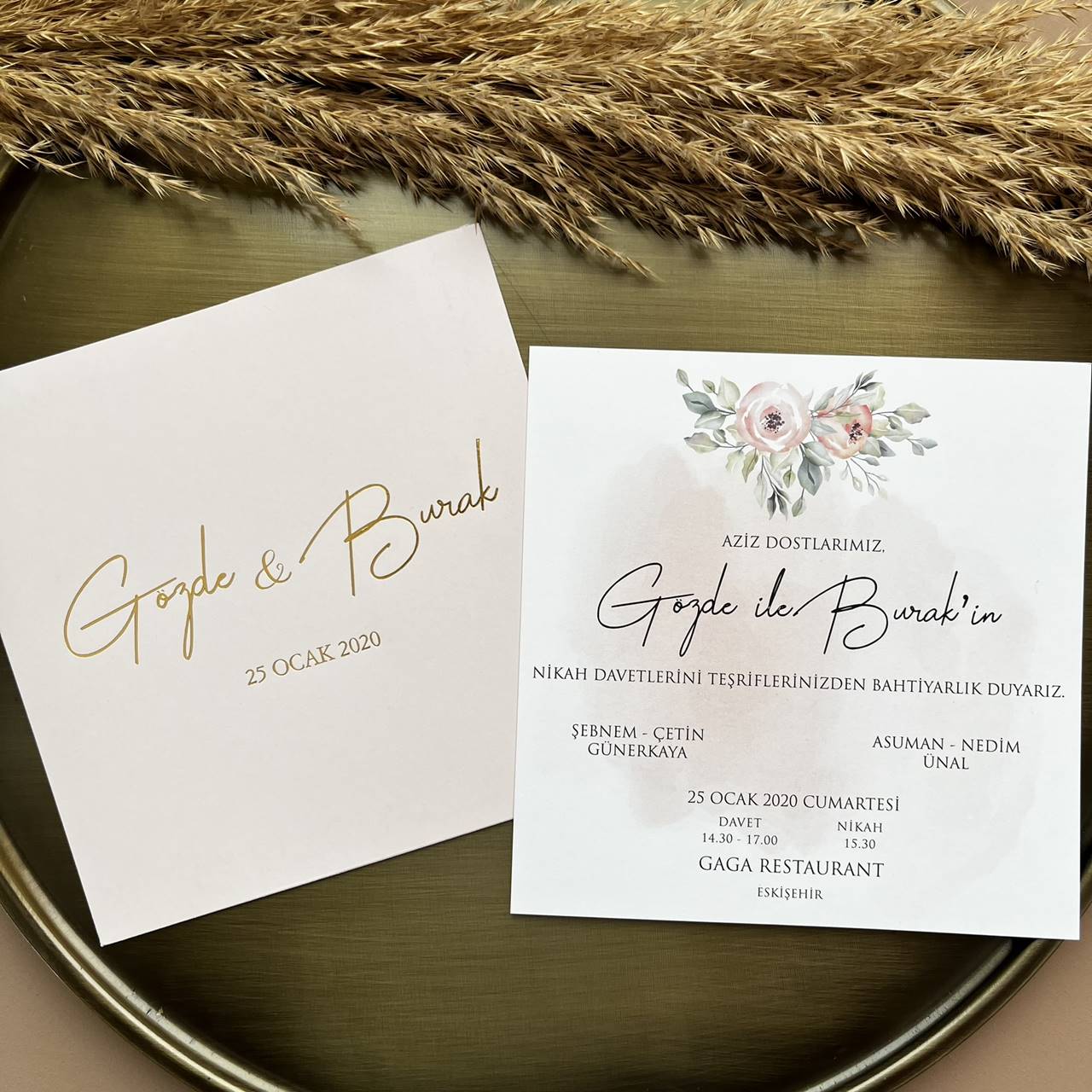 Blush Square Wedding Invitation with Floral Detail – Elegant Design