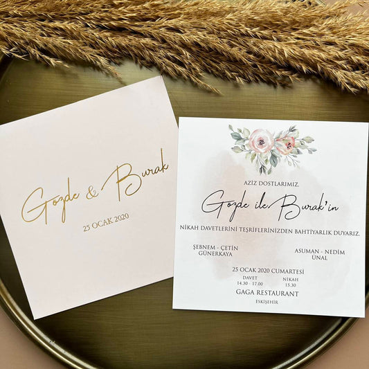 Blush Square Wedding Invitation with Floral Detail – Elegant Design