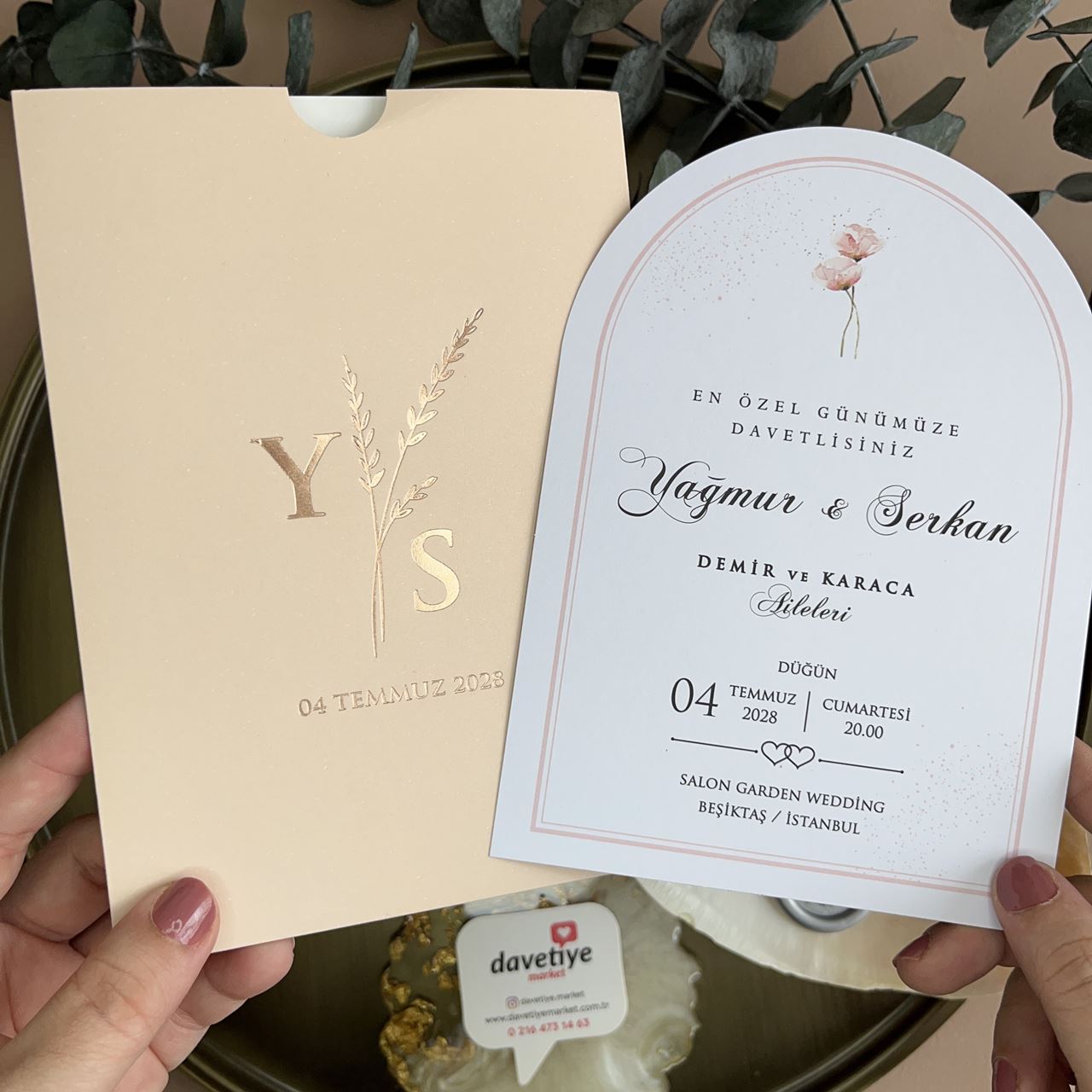 Blush Pink Arch Wedding Invitation with Floral Touch