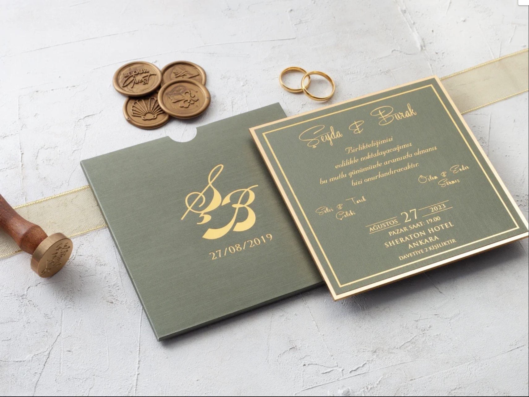 Elegant Olive Green & Gold Foil Wedding Invitation
