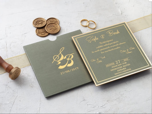Elegant Olive Green & Gold Foil Wedding Invitation