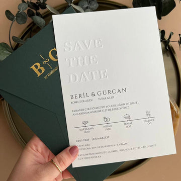 Green Save the Date Wedding Invitation with Embossed Design and Wax Seal