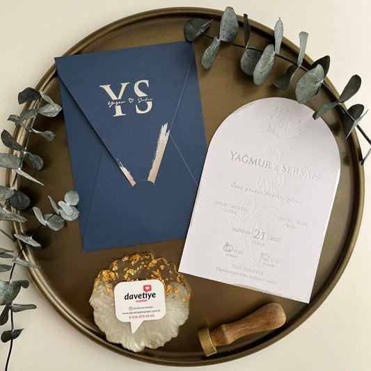 Luxury Silver Foil Navy Blue Arched Wedding Invitation Set