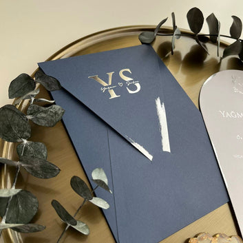 Luxury Silver Foil Navy Blue Arched Wedding Invitation Set