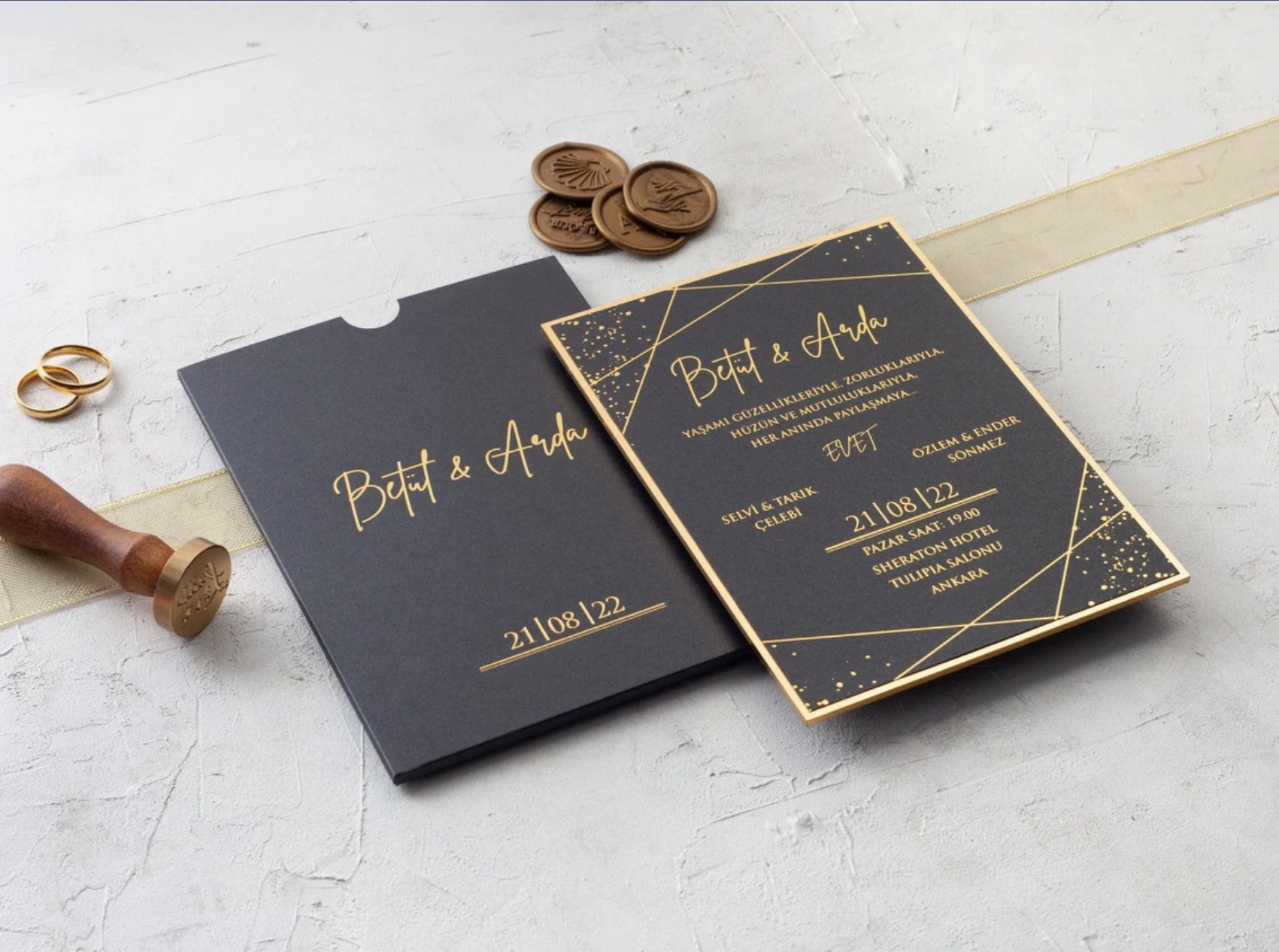Black & Gold Foil Geometric Wedding Invitation
