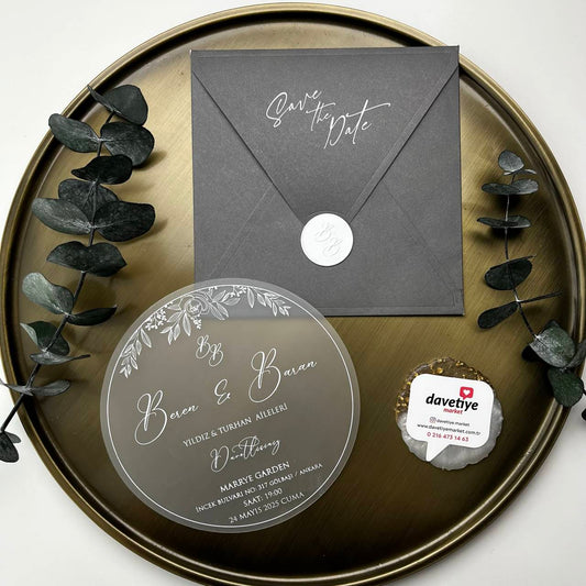 Round Transparent Acrylic Wedding Invitation with Grey Envelope